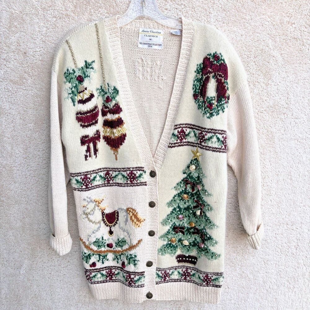 Vtg 1994 Marisa Christina Christmas Sweater Size M Cardigan Oversize Beaded Tree